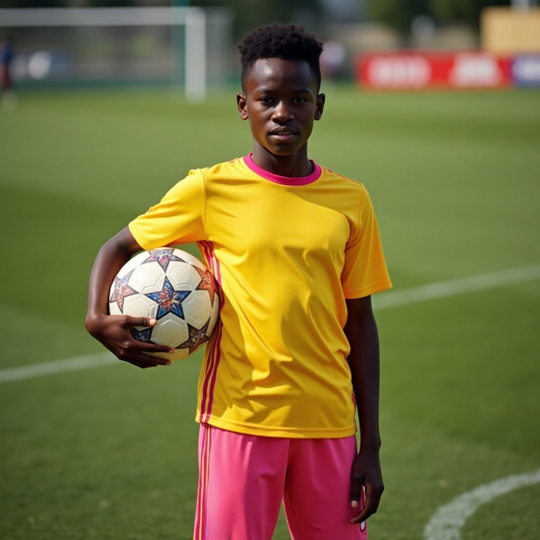 jeune footballeur africain âgé de 16 à 18 ans, debout face à la caméra sur un terrain de football. Il porte une tenue de sport jaune et rose, et tient un ballon de football sur le côté avec une posture confiante. Le décor doit inclure un terrain bien entretenu avec des lignes visibles et un fond légèrement flouté pour mettre l'accent sur le joueur. L'éclairage doit être naturel, suggérant une ambiance dynamique et sportive.